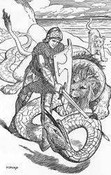 Percival fightint the slang Illustration af HJ Ford (1860-1940) fra "The book of romance" 1902 Privat samling