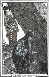 Repræsentation af Merlin the Enchanter og Fee Viviane (Merlin anc Vivien) Illustration af Henry Justice (HJ) Ford (1860-1941) fra "The book of romance"" 1902 Collection privee