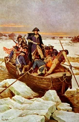 George Washington krydser Delaware-floden, 25. december 1776. En hændelse i Den Amerikanske Uafhængighedskrig 1775-1783, da George Washington (1732-1799) var øverstbefalende for den amerikanske hær. Illustration omkring 1912.