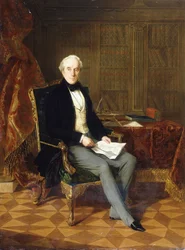 Portræt af Henry Pelham-Clinton, K.G., 4. hertug af Newcastle, holder et dokument, i sit studie, 1850