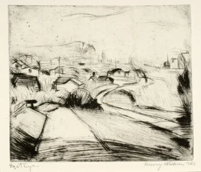 Landskab med vej og huse