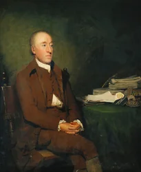Portræt af Dr. James Hutton, siddende trekvart i en brun jakke og ridebukser og hvide bukser, en bunke geologiske prøver på bordet ved siden af ham,