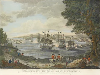 MacDonoughs sejr ved Champlain-søen og den britiske hærs nederlag ved Plattsburg af Genl Macomb, 11. september 1814, indgraveret af B. Tanne, 1816