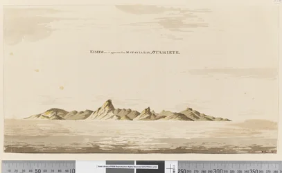 Side 25aa Eimeo, som den ser ud fra Matavai Bay, Otahiete, 1768-75 (pen & blæk og vask)