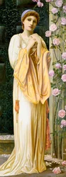 "A Fair Maid" Ung kvinde klædt i antik stil med perlehalskæde. Maleri af Henry Ryland (1856-1924) (prærafaelit) 1901 Privat samling