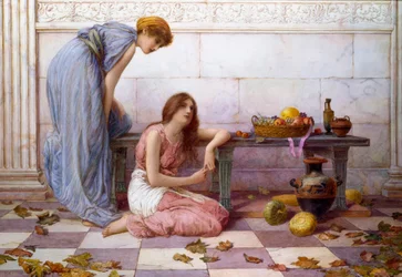 "Flowers and Fruit" Draperede kvinder med melankolske udtryk på gårdspladsen i en antik villa. Maleri af Henry Ryland (1856-1924)