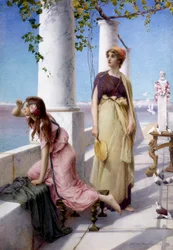 "Unge kvinder skanner horisonten fra deres terrasse i antik stil. Maleri af Henry Ryland (1856-1924) 1910 Privat samling