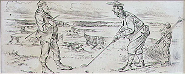 Den tøvende golfspiller, illustration fra tidsskriftet "Graphic", udgivet omkring 1870 (litografi)