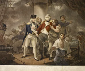 Capt. Trollope i Glatton of 54 Carronades Engagerer en fransk eskadron på 8 krigsskibe med 230 kanoner, indgraveret af James Daniell, 1797 (mezzotint)