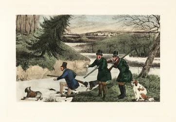 Victorianske herrer, der jager ænder med våben og hunde på en frossen