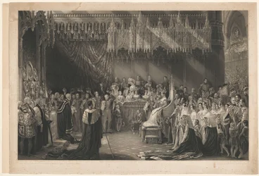 Kroningen af dronning Victoria af England. Efter George Hayter, med Graves og Warmsbys adresse. Træsnitsskitse og billedtekst vedlagt