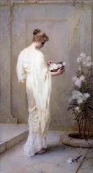 "Divinely Fair" Ung kvinde klædt i hvidt og med blomster i hånden, der symboliserer renhed. Maleri af Henry Thomas Schaefer (1845-1915) 1893 (prærafaelit) Privat samling