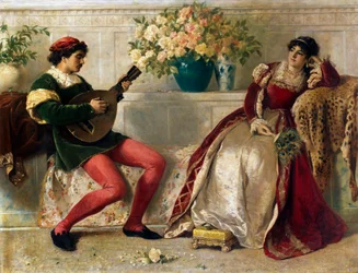 "En ung musiker spiller for en dame, rigt klædt i fløjl, med en vifte af påfuglefjer i hånden, hun læner sig op ad et guleskind. Maleri af Henry Thomas Schaefer (1845-1915) 1877 Privat samling