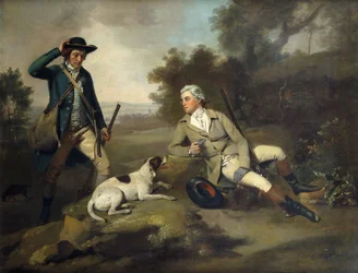 En gentleman, der læner sig tilbage med en pistol og en hund og hans vildtmand, der står i nærheden,