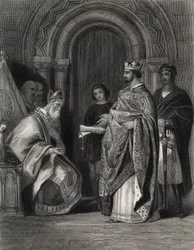 Henrik II præsenterer pavens tyr til ærkebiskoppen af Cashel, indgraveret af G. Greatbach