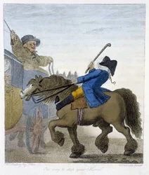 Meway at stoppe din hest - i "" engelske tegnefilm om ridemanerer"", ill. af H.W. Bunbury, red. John Stockdale