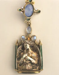 Detalje af dobbeltsidet vedhæng, ca. 1907-10 (blandet medier)