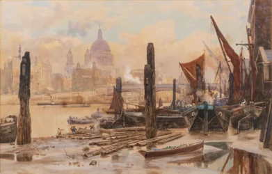 Fortøjede pramme fra Themsen; St Pauls og Blackfriars Bridge i det fjerne