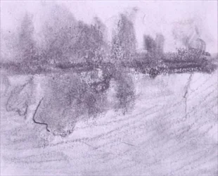 En gruppe træer, der spejler sig i vand (pastel og vask på papir)