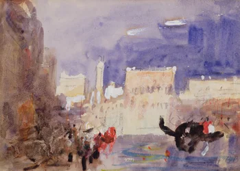 Dogepaladset og Piazettaen fra den anden side af Bacino di San Marco (sort kridt og akvarel med hvid forhøjning)