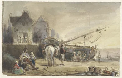 Strandscene med både og fiskere