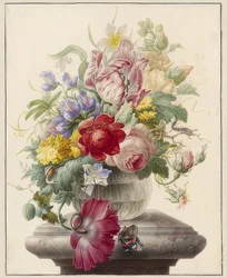 Blomster i en glasvase og en sommerfugl. Omkring 1700