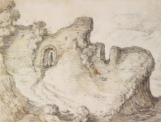 Bjerglandskab med ruiner. Omkring 1650