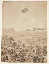 Panoramisk landskab med bønder, fiskere og en landsbykirke