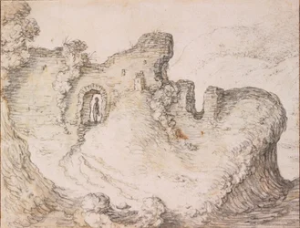 Klippelandskab med ruiner, der danner profilen af en mands ansigt, ca. 1650