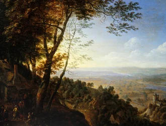 Et skovklædt landskab med bønder ved et sommerhus (olie på panel)