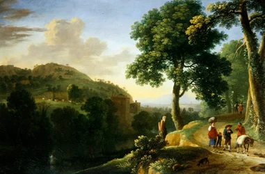 Et italiensk landskab med rejsende og et æsel, ca.1640 (olie på lærred)