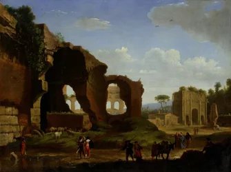 Udsigt over Rom med Venus og det romerske tempel og Konstantins triumfbue.