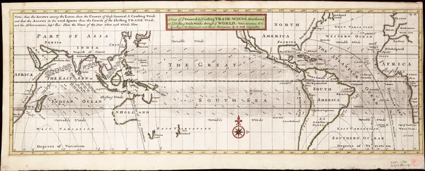 Et billede af de generelle og kystnære passatvinde, monsuner eller de skiftende passatvinde gennem verden, variationer ... i henhold til de nyeste og mest nøjagtige observationer, ca. 1715 (koloreret stik)