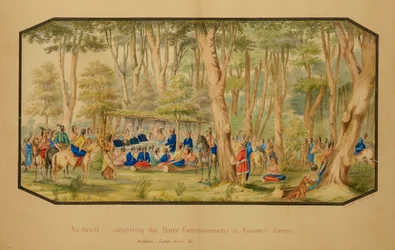 Sa-tan-ti henvender sig til fredskommissærerne i Council Grove, Medicine Lodge Creek, 1867.
