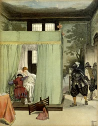 En protestantisk herre finder tilflugt i sengen hos Marguerite de Valois, dronning af Frankrig, kendt som dronning Margot (1553-1615) på dagen for Saint Barthelemy (Saint-Barthelemy) den 24. august 1572. Illustration af Hermann Vogel (1856-1918) i ""Henri 