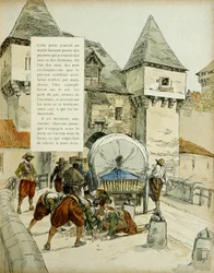 Amiens surprise. The Spaniards used a trick to take the city of Amiens, 11 March 1597 by blocking the harrow with a cart. Illustration, 1907, by Hermann Vogeldani