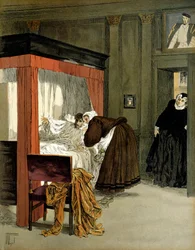 Charles IX (1550-1574), konge af Frankrig, døende med sin sygeplejerske. Illustration af Hermann Vogel (1856-1918) i "" Henri IV""