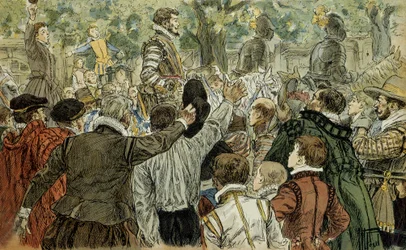 Henri de Guise (1549-1588), leder af den katolske liga, hyldet af pariserne efter Barrikadernes dag (12. maj 1588). Illustration fra 1907 ved Hermann Vogel (1856-1918). Privatsamling.
