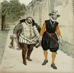 Henrik 4. (1553-1610) og Charles de Lorraine, hertug af Mayenne (1554-1611). Det første forsonende møde mellem de to fjender, Mayenne, leder af ligisterne, og kongen, i haverne ved Château de Montceaux i Brie i 1596. Illustration