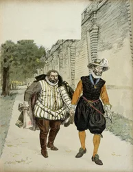 Henrik 4. (1553-1610) og Charles de Lorraine, hertug af Mayenne (1554-1611). Det første forsonende møde mellem de to fjender, Mayenne, lederen af ligisterne, og kongen, i haven ved Château de Montceaux i Brie i 1596. Illustration