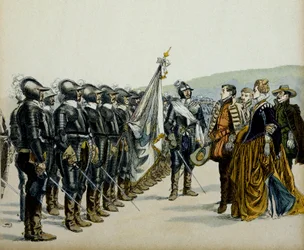 Jeanne af Albret eller Joan III af Albret (1528-1572) og hendes søn Henrik IV (1553-1610) før hendes protestantiske tropper. Illustration af Hermann Vogel (1856-1918) i "" Henri IV""