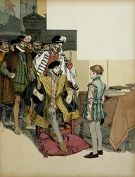 Kongen af Frankrig Henri II (1519-1559) omgivet af sine herrer kan godt lide at stille spørgsmålstegn ved Henrik IV (1553-1610) som et barn for hans skyld. Illustration af Hermann Vogel (1856-1918) i "" Henri IV""