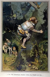Den dristige dreng var alle til grin. Fortælling om brødrene Jacob Grimm (1785-1863) og Wilhelm Grimm (1786-1859). Illustration af Vogel.