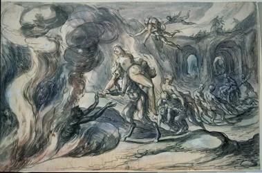 Eurydice i underverdenen (Eurydice i helvede). Maleri af Hermann Weyer (1596-ca. 1621). Akvarel og blæk på papir, 20,9 x 32,2 cm