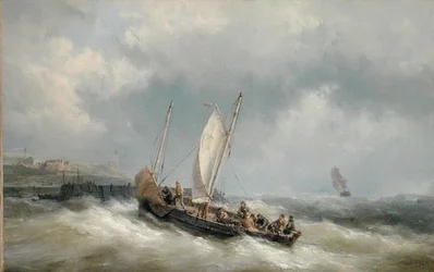 En lugger går ind i havn i en storm (olie på lærred)