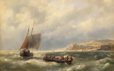 Havbillede med figurer i både (olie på lærred)