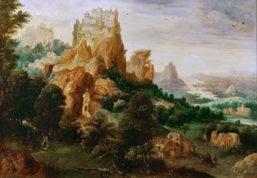 Landskab med lignelsen om den barmhjertige samaritaner - Landskab med lignelsen om den barmhjertige samaritaner - Henri de Herri met de Bles (1510-1550). Olie på træ, ca. 1540. Mål: 29x42 cm. Kunsthistorisk Museum, Wien