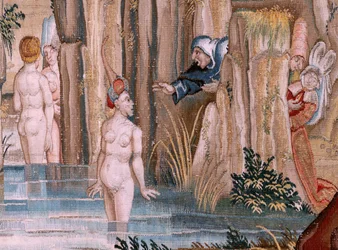 flamsk gobelin. Serie fire gobeliner efter Hieronymus Bosch. Sankt Antonius i bøn (San Antonio en oración). Andet gobelin i serien. Model Inspireret af Hieronymus Boschs arbejde. Fremstilling Ukendt værksted, Bruxelles. Før 1560. Stof Go