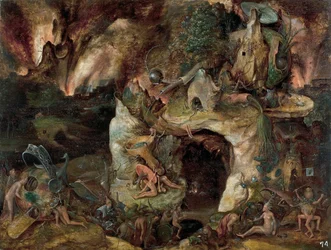 ""Landskab af underverdenen"" (Inferno Landskab) Maleri fra Jerome Bosch skole omkring 1561 Dim 49x64 cm Museo del Prado, Madrid