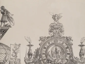 The Pinnacle of the Right Portal, og en trompetist og standard fra den centrale portal, fr..., 1515.